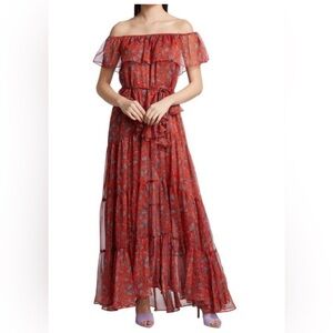 MISA - Kiera Paisley Off-Shoulder Maxi Dress